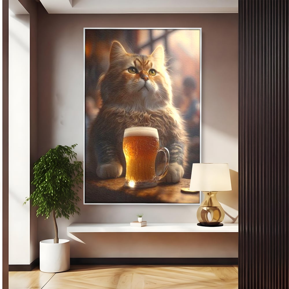 Tablou canvas cu tablou canvas cu motan pufos si halba de bere, in rama de aluminiu argintiu